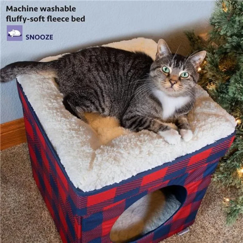 Large Cat Bed, Stackable Cat Cube, Indoor Cat House, Cat Scratcher, Red